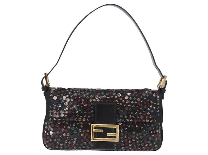 Borsa a tracolla FENDI Mamma Baguette Nylon e Paillettes 2 vie Marrone Oro Auth 196362SM D'oro - vista 2