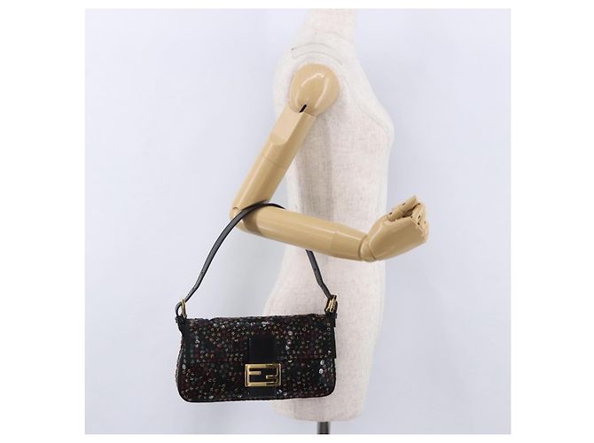 Borsa a tracolla FENDI Mamma Baguette Nylon e Paillettes 2 vie Marrone Oro Auth 196362SM D'oro - vista 27