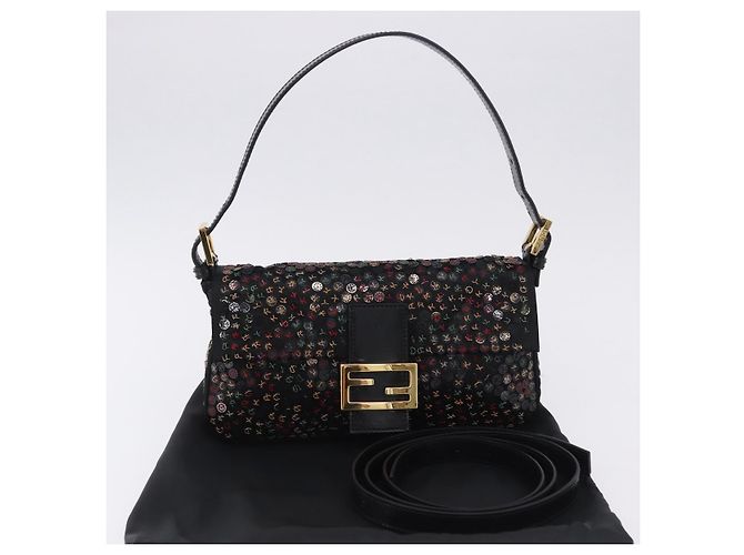Borsa a tracolla FENDI Mamma Baguette Nylon e Paillettes 2 vie Marrone Oro Auth 196362SM D'oro - vista 28