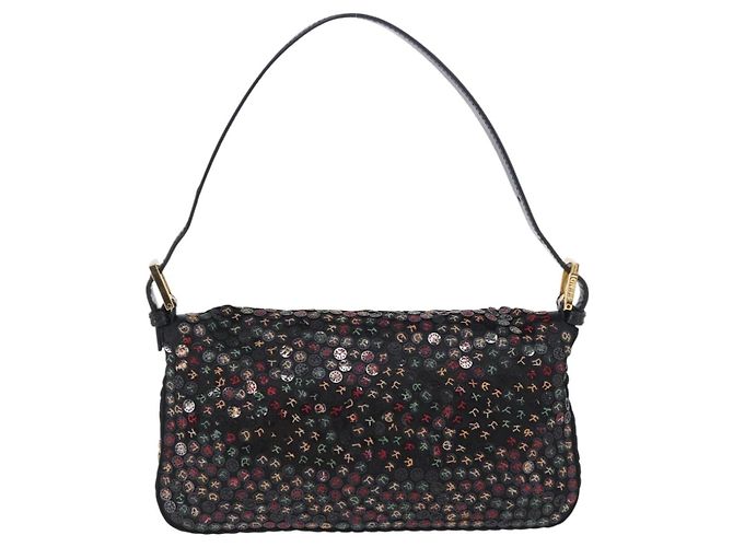 Borsa a tracolla FENDI Mamma Baguette Nylon e Paillettes 2 vie Marrone Oro Auth 196362SM D'oro - vista 3