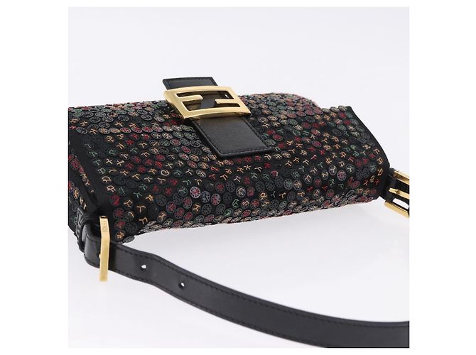 Borsa a tracolla FENDI Mamma Baguette Nylon e Paillettes 2 vie Marrone Oro Auth 196362SM D'oro - vista 6