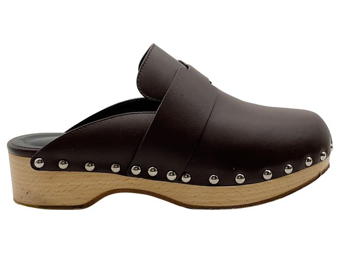 Zuecos Mules Calya de cuero marrón Hermès Castaño - vista 2