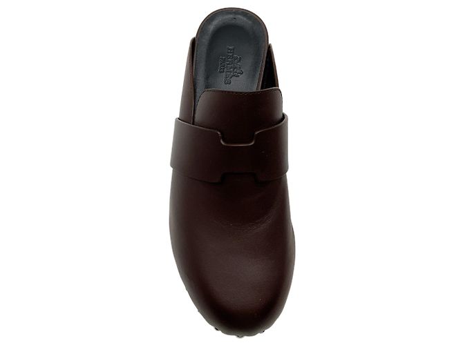 Zuecos Mules Calya de cuero marrón Hermès Castaño - vista 4