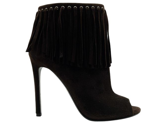 Stivaletti peep toe con frange in camoscio marrone scuro Prada - vista 2
