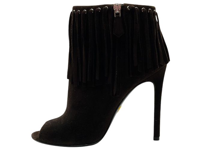 Stivaletti peep toe con frange in camoscio marrone scuro Prada - vista 3