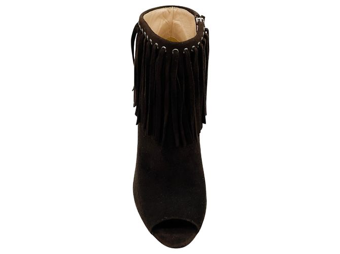 Stivaletti peep toe con frange in camoscio marrone scuro Prada - vista 4