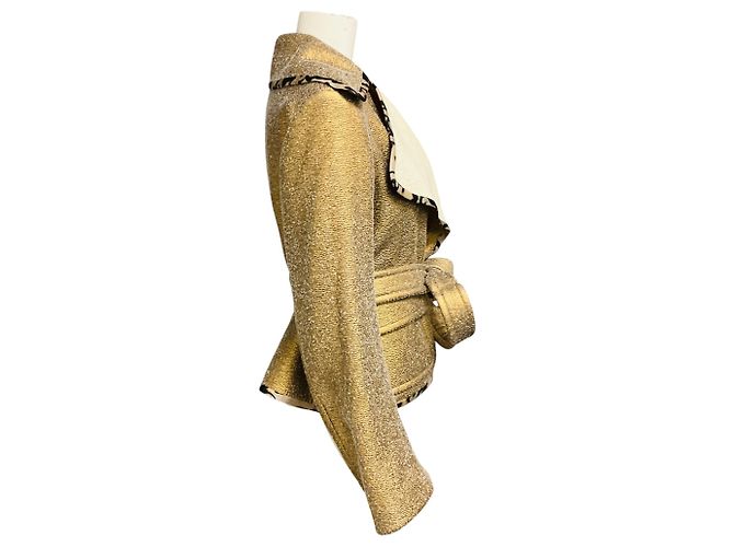 Dries Van Noten Gold Metallic Texturierte Jacquard-Jacke mit ecrufarbenem Wollinnenfutter Golden - Ansicht 2