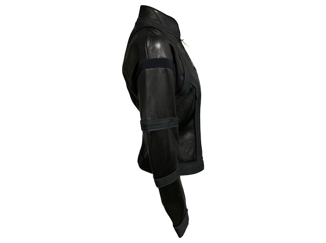 Dsquared2 Black Zip Front Leather Jacket with Fabric Trim - view 2