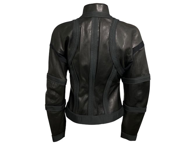 Dsquared2 Black Zip Front Leather Jacket with Fabric Trim - view 3