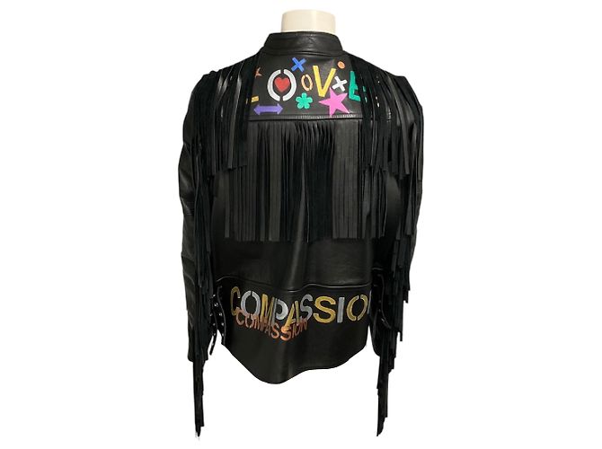Sacai Black Luck handbemalte Lederjacke mit Fransen Schwarz - Ansicht 3