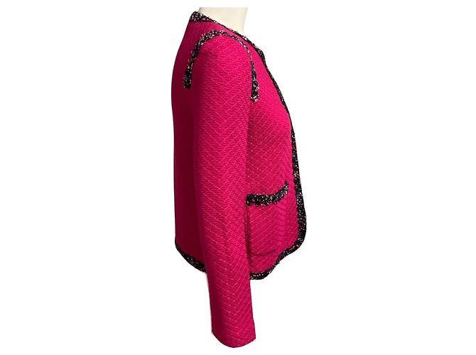 Autre Marque St. John Strickjacke in Fuchsia-Pink mit Tweed-Besatz - Ansicht 2