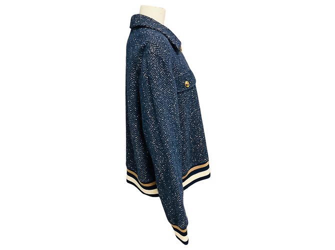Autre Marque St. John Blue Tweed Bomberjacke mit Goldknöpfen Blau - Ansicht 2