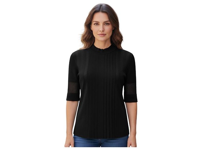 Emilio Pucci plissierter Strickpullover in Schwarz mit Dreiviertelärmeln und Mesh-Details an den Ärmeln - Ansicht 6