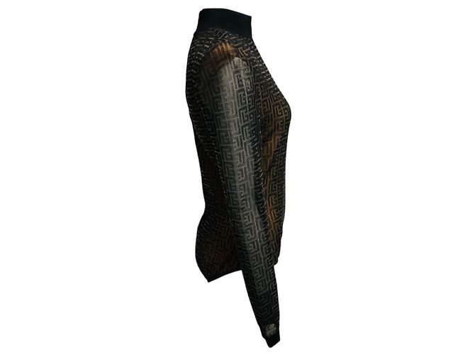 Balmain Black / Nude Monogram Mesh Tulle Bodysuit mit Schulterpolstern Schwarz - Ansicht 2