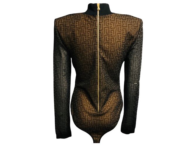 Balmain Black / Nude Monogram Mesh Tulle Bodysuit mit Schulterpolstern Schwarz - Ansicht 3