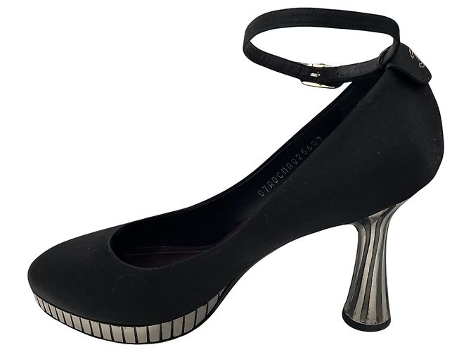 Chanel RARE Black / Silver Disco Mirror Satin Heels with Ankle Strap - view 3