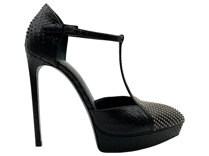 Décolleté T Strap Saint Laurent in pelle di serpente nera con borchie argentate Nero - vista 2