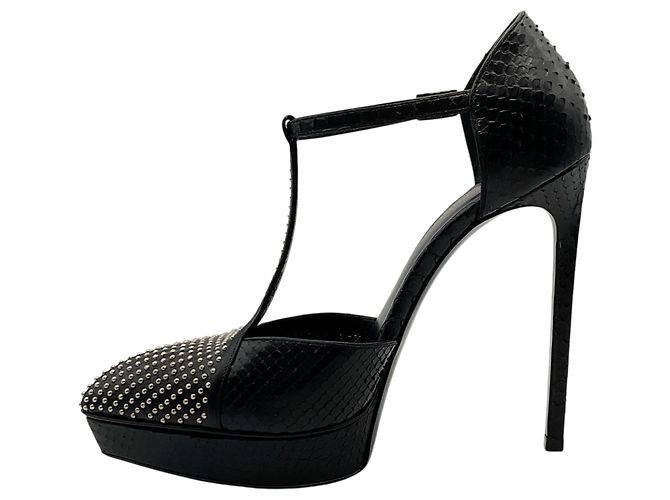 Décolleté T Strap Saint Laurent in pelle di serpente nera con borchie argentate Nero - vista 3