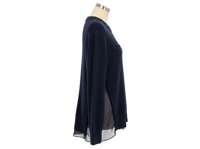 Sacai dunkelblauer Wollstrick-Pullover mit transparentem Chiffon-Rücken Marineblau - Ansicht 2
