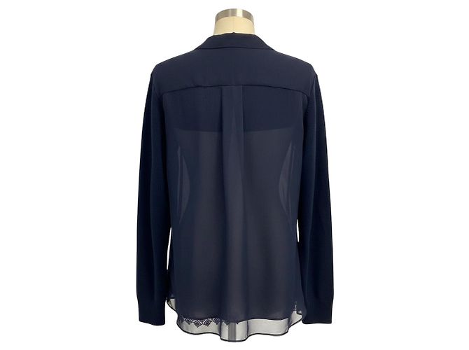 Sacai dunkelblauer Wollstrick-Pullover mit transparentem Chiffon-Rücken Marineblau - Ansicht 3