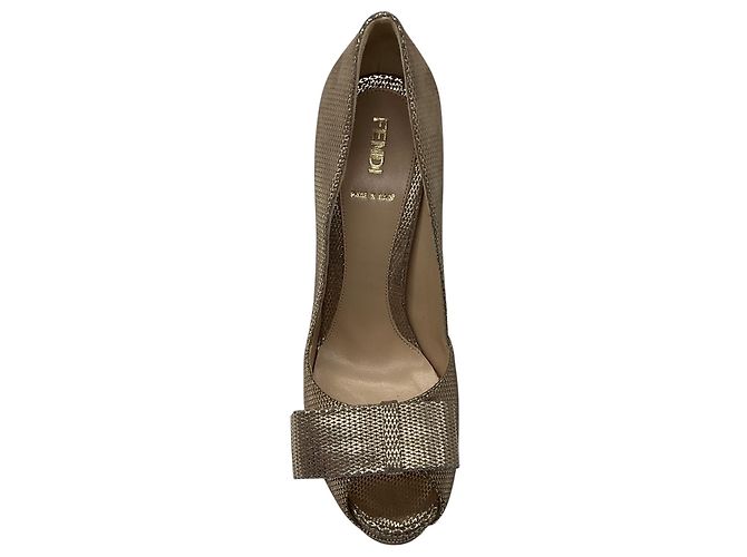 Fendi Gold Deco Textured Leather Double Platform Bow Peep Toe Pumps - view 4