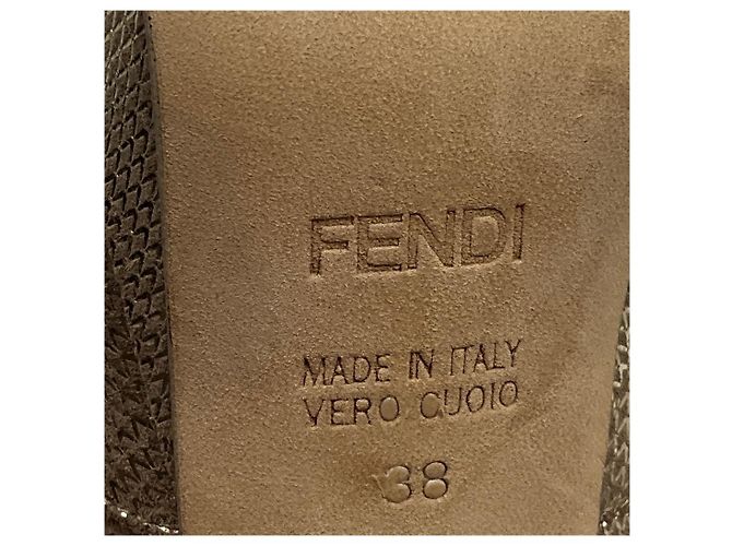 Fendi Gold Deco Textured Leather Double Platform Bow Peep Toe Pumps - view 6
