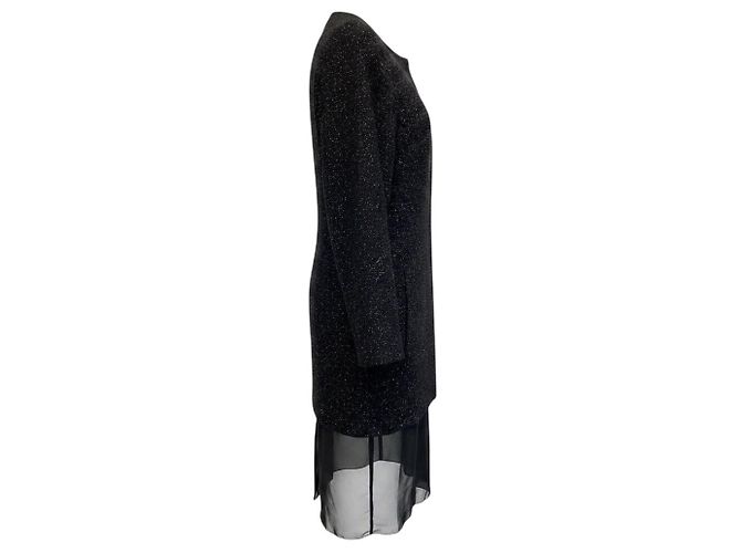 Jil Sander Black Multi Speckled Wool Coat with Sheer Silk Chiffon Hem - view 2