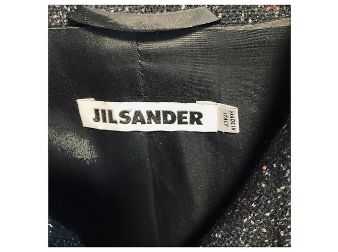 Jil Sander Black Multi Speckled Wool Coat with Sheer Silk Chiffon Hem - view 4