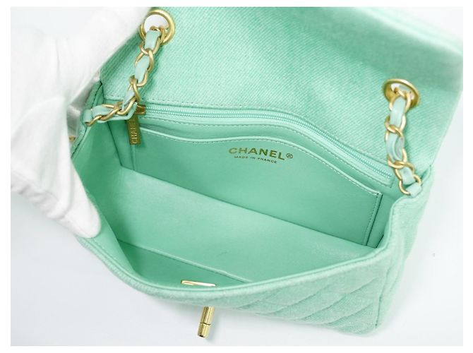 Chanel Classic Single Flap Top Handle Quilted Tweed Mini Verde - vista 3