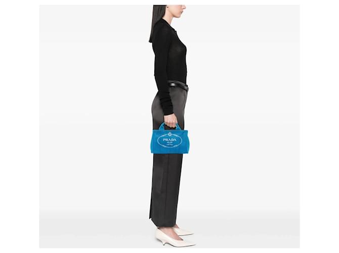 Tote Borsa Prada Small Canvas Canapa Logo Blu - vista 6