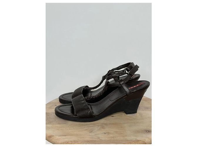 Sandali wedge in pelle marrone scuro da donna Prada - vista 2