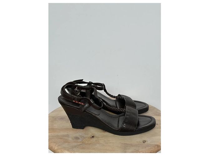 Sandali wedge in pelle marrone scuro da donna Prada - vista 4