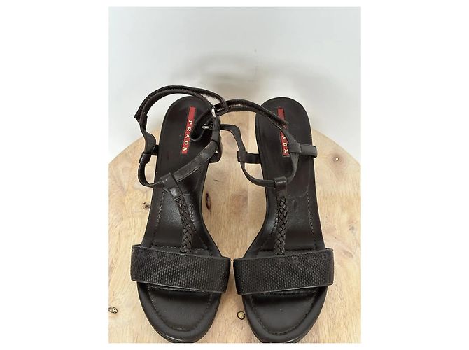 Sandali wedge in pelle marrone scuro da donna Prada - vista 6