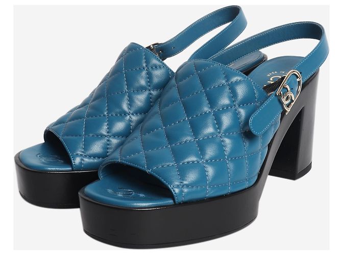 Chanel Mules con platform in pelle trapuntata blu - size EU 38.5 - vista 2