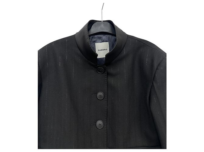 Giacca cropped Sandro nera a righe con collo in raso Nero - vista 3