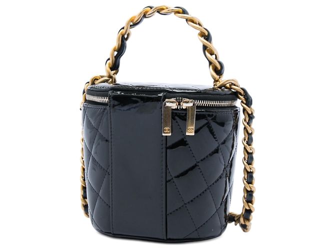 Chanel Afternoon Tea Vanity Case mit oberem Griff aus schwarzem gestepptem Lackleder mit Kette - Ansicht 2