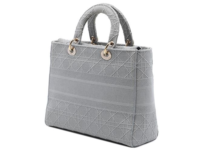 Dior Gray Large Embroidered Canvas Cannage Lady D Lite Marrone - vista 2