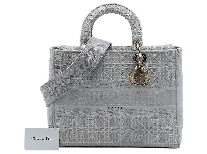 Dior Gray Large Embroidered Canvas Cannage Lady D Lite Marrone - vista 7
