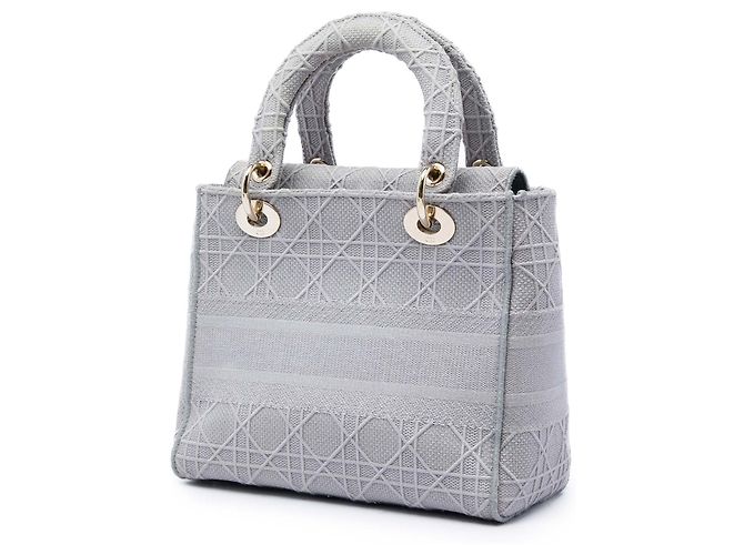 Dior Gray Medium Embroidered Canvas Cannage Lady D Lite Marrone Grigio - vista 2