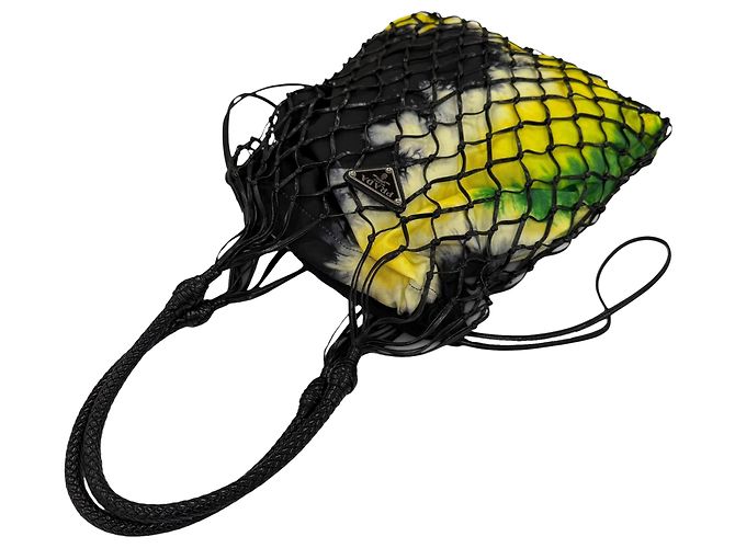 Borsa bucket Prada in pelle mesh nera e tessuto stampato tie-dye Nero - vista 11