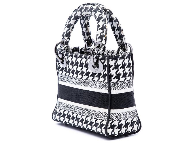 Dior White Mini Embroidered Canvas Houndstooth Lady D Lite Bianco - vista 2