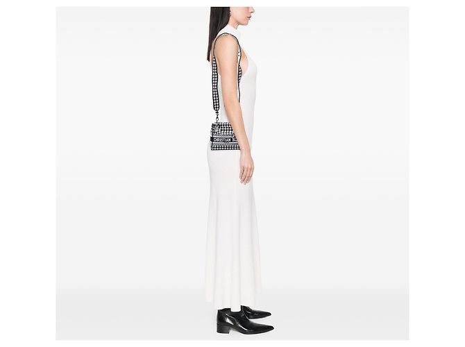 Dior White Mini Embroidered Canvas Houndstooth Lady D Lite Bianco - vista 6