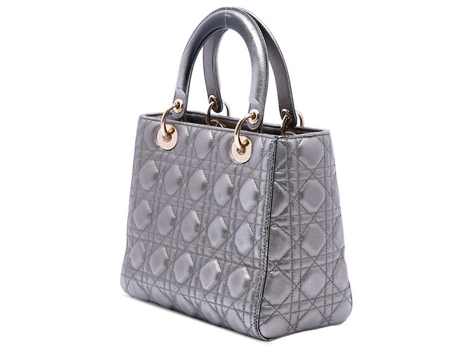 Dior Silver Medium Metallic Lambskin Cannage Lady Dior Argento - vista 2