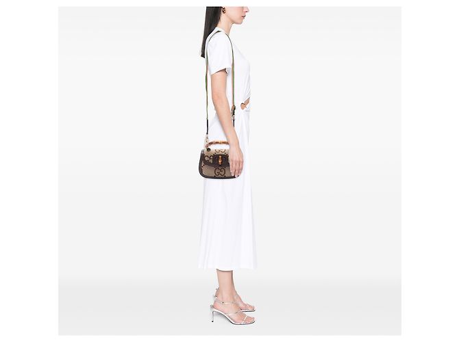Borsa a mano Gucci Beige Small Jumbo GG Canvas Web Bamboo 1947 con manico superiore - vista 6