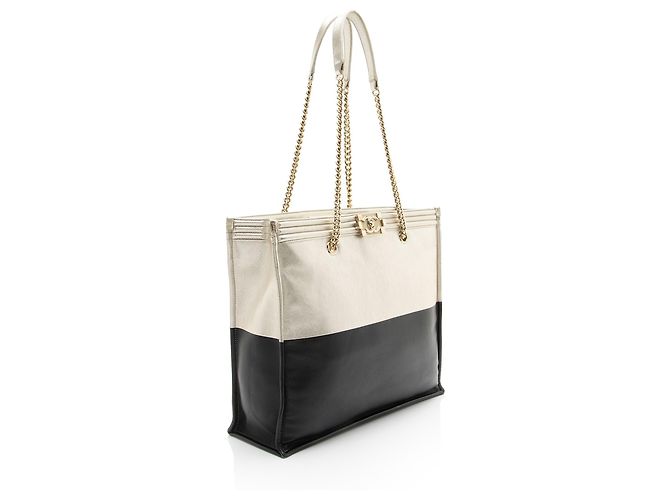 Chanel Large Boy Tote aus bicolor Kalbsleder Schwarz - Ansicht 2