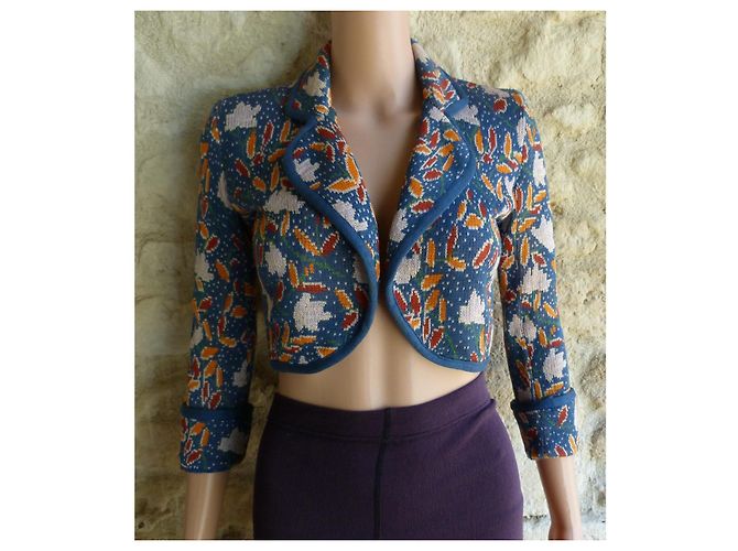 Chaqueta corta de punto estampada Saint Laurent Rive Gauche Blanco Azul Multicolor - vista 3