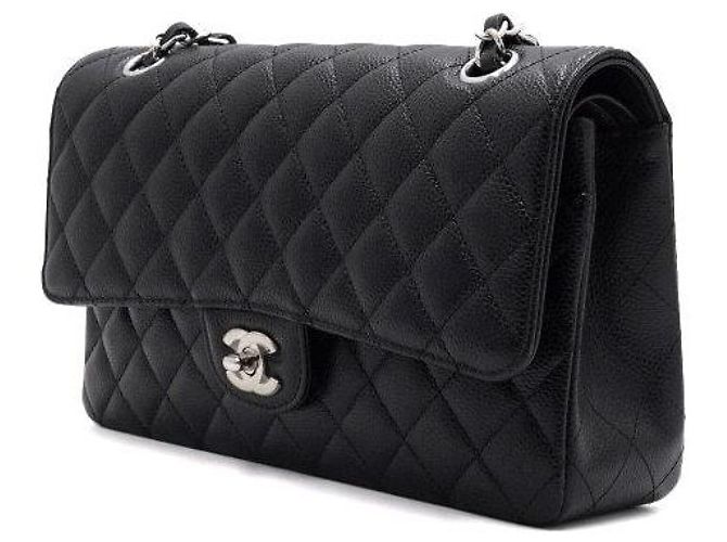 Chanel Borsa a tracolla media in pelle caviar nera classica con catena argentata Nero - vista 3