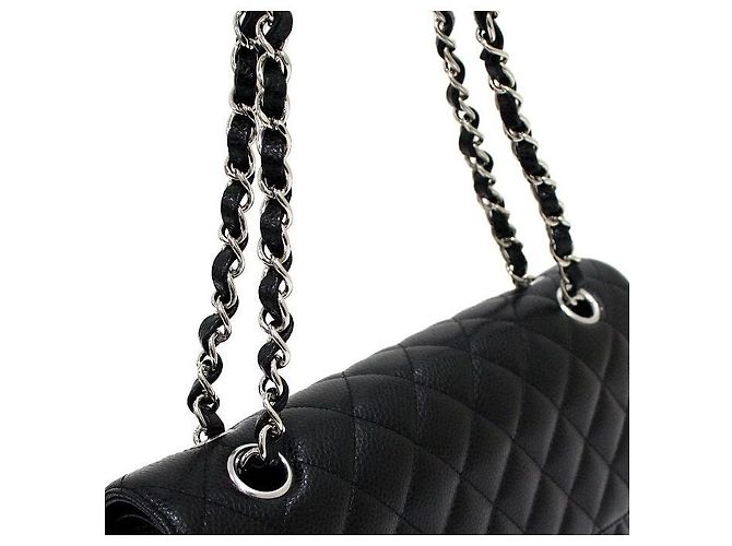 Chanel Borsa a tracolla Classic Medium in caviale nero con catena argentata - vista 12