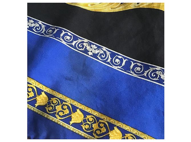 Gianni Versace Foulard Seta Barocco Anni 90 Nero Blu D'oro - vista 12
