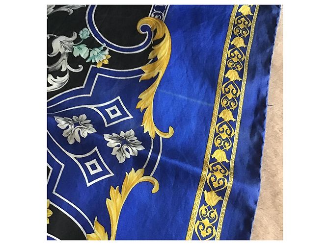 Gianni Versace Foulard Seta Barocco Anni 90 Nero Blu D'oro - vista 15